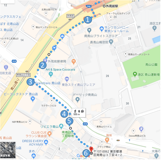 外苑駅前からのルート案内